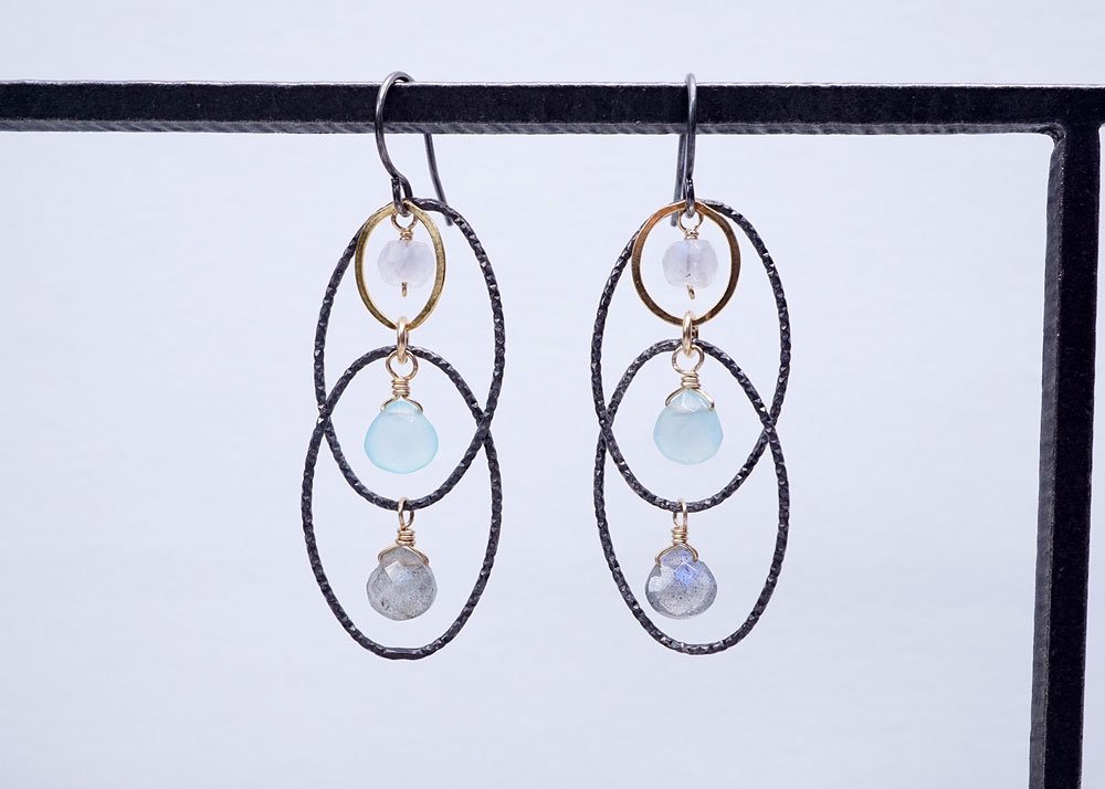 Textured Oval Chalcedony, Moonstone, & Labradorite Earring