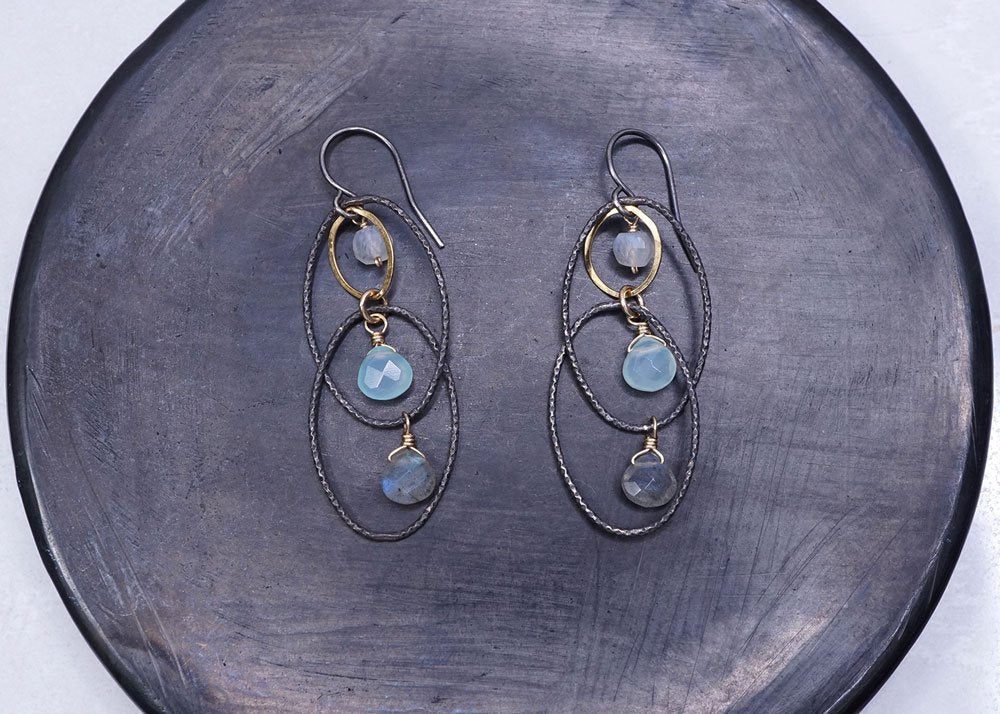 Textured Oval Chalcedony, Moonstone, & Labradorite Earring