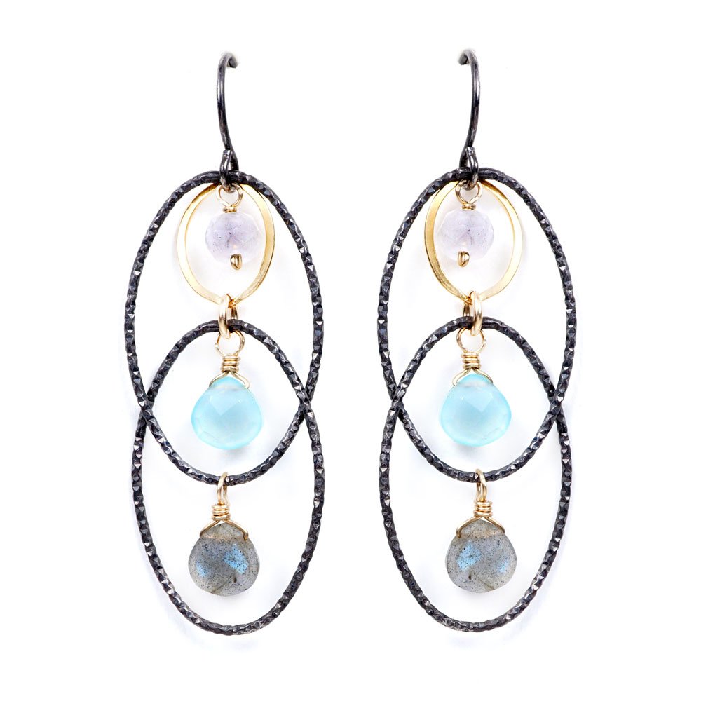 Textured Oval Chalcedony, Moonstone, & Labradorite Earring