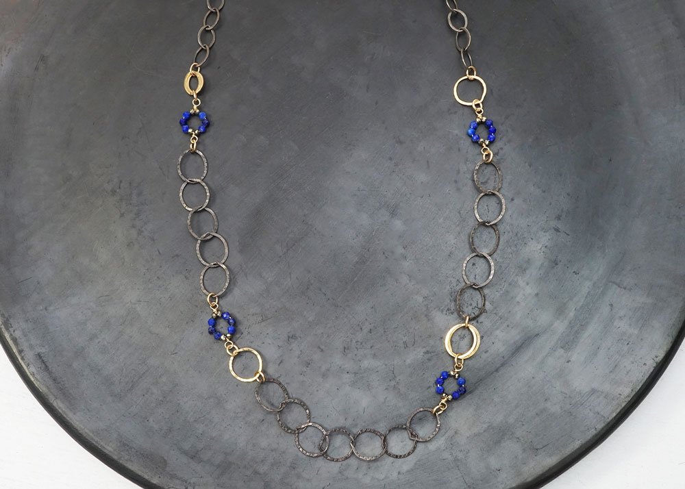 Oxidized sterling silver and 14k gold-filled chain with wrapped lapis and pyrite circles