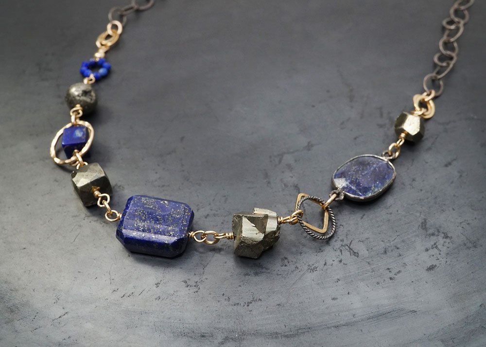 Chunky Lapis, Pyrite Necklace w/ Mixed Oxidized Silver and 14k Gold-Filled Chain