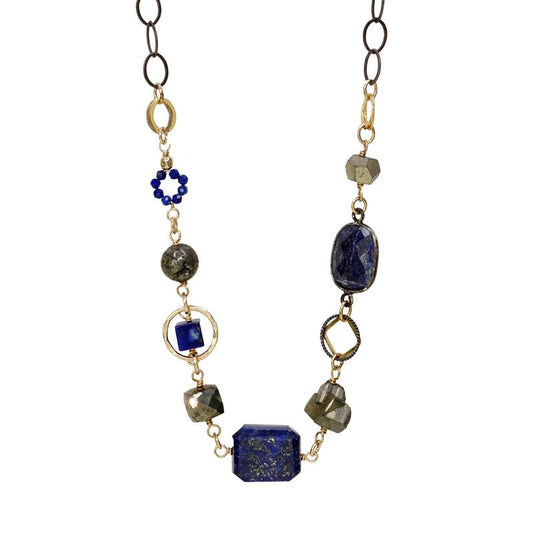 Chunky Lapis, Pyrite Necklace w/ Mixed Oxidized Silver and 14k Gold-Filled Chain