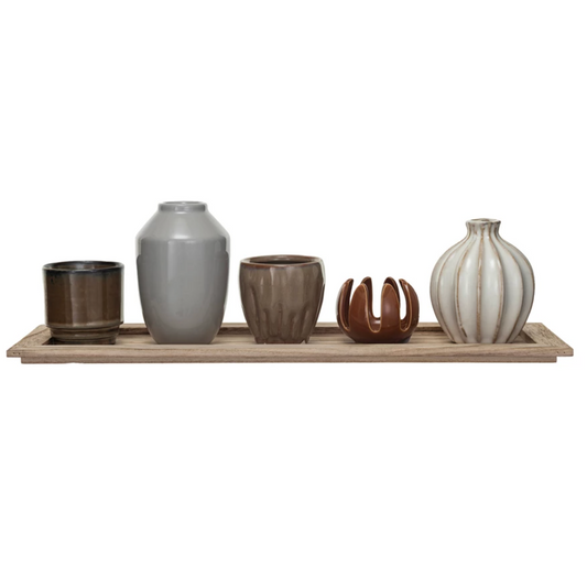 Wood Tray with Stoneware Vases & Votive Holders