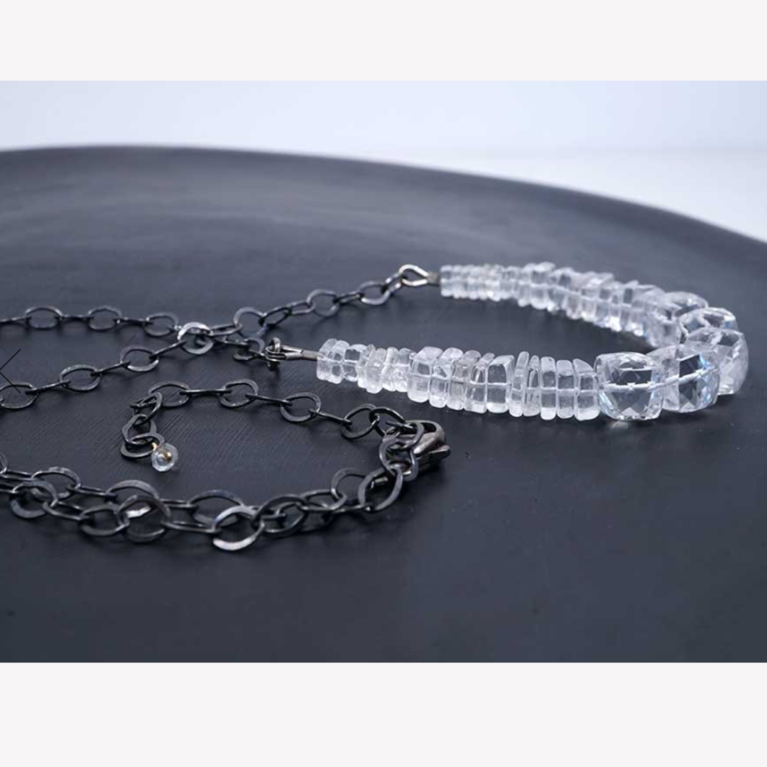 Sparkling Quartz Cubes on Oxidized Silver Necklace