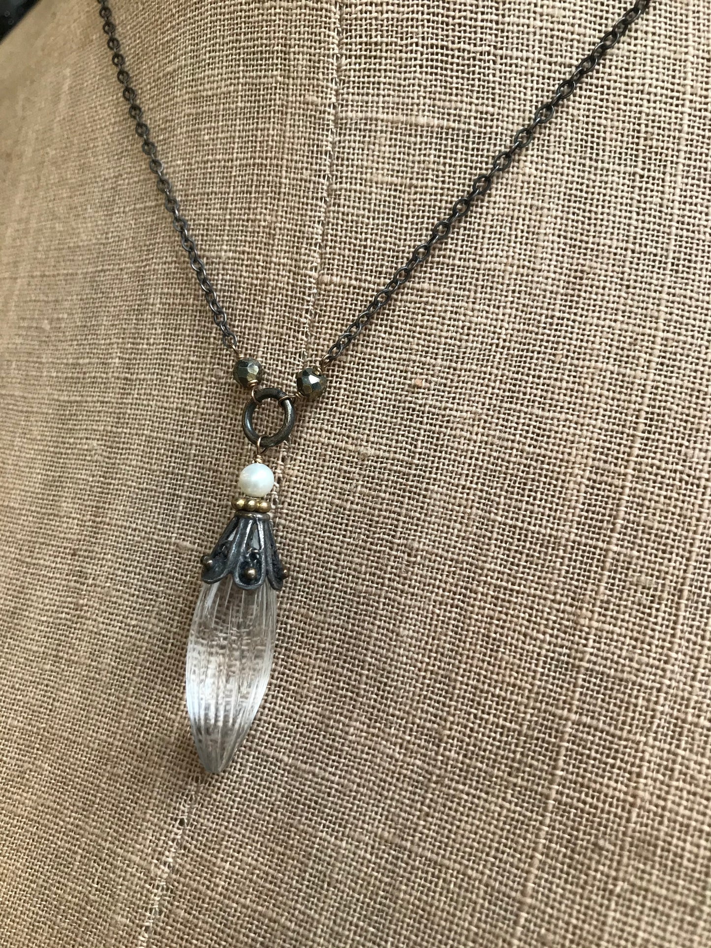 Striped Quartz, Pyrite, and Pearl Drop Necklace