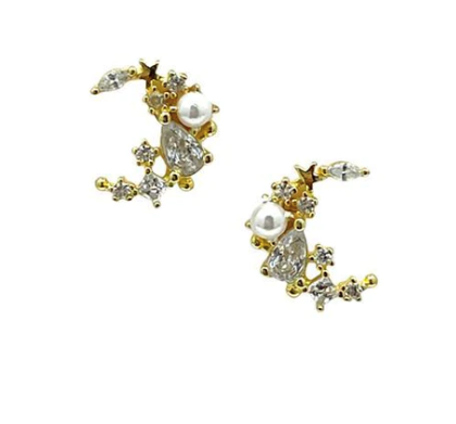 Pearl Crescent Moon Stud Earrings